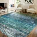 Kokia Abstract Area Rugs 6x9 Boho Washable Distressed Retro Indoor Floor Rug Multicolor Low Pile Non-Slip Non-Shedding Blue Carpet Bedroom Living Room Dining Room, Oslo Teal