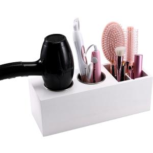 RAIKEDR Hair Dryer Countertop Holder, Hair Tool Organizer Wall Mount, Blow Dryer Holder Organizer, Bathroom Countertop Blow Dryer Holder and Curling Iron Holder (Cedar Wood, White)