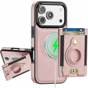 DREAMME Phone Case for iPhone 17 Pro Wallet Case Card Holder, RFID Blocking, Shockproof, Compatible with Magsafe 2 in 1 Detachable Phone Cover with Airtag Holder for Women Men, Rose Gold