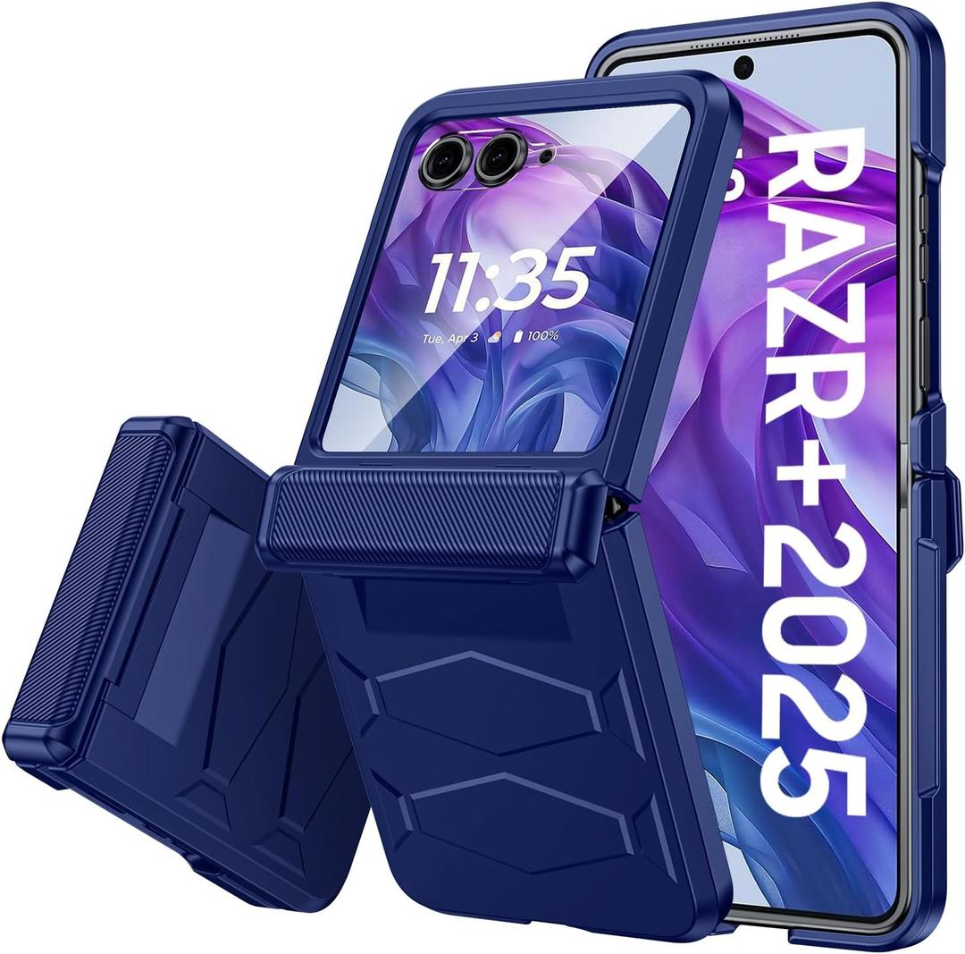 Vizvera for Motorola Razr+(Plus) 2025 Case with Hinge Cover,Built-in Screen Protector Shockproof All-Inclusive Smartphone Cover Wireless Charging for Motorola Razr+(Plus) 2025 (Blue)