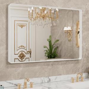 LOAAO 48x32 Inch White Metal Framed Bathroom Mirror for Wall, White Bathroom Vanity Mirror Farmhouse, Large Rounded Rectangle Mirror, Anti-Rust, Tempered Glass, Hangs Horizontally or Vertically