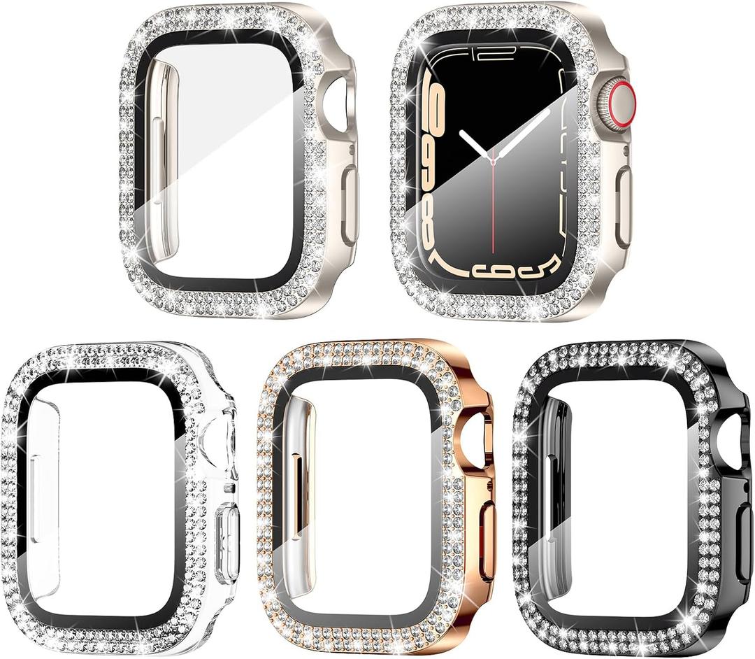Goton 4-Pack Bling Case for Apple Watch Screen Protector 41mm Series 9/8/7, Women Glitter Diamond Rhinestone Protector for iWatch Cover Accessories 41 mm (Clear+Starlight+Black+Rose Gold( Glass))