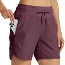 Willit Women's Athletic Running Shorts 5" Quick Dry Workout Hiking High Waisted Active Gym Exercise Zipper Pocket L, Dark Red