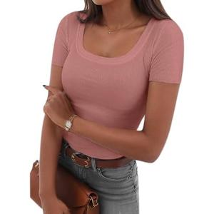 Ribbed Short Sleeve Shirts for Women, Scoop Neck Fitted Womens Short Sleeve Tops Casual Basic Tshirt Trendy Outfits (Medium, Cream)