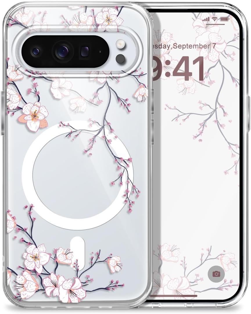 for Google Pixel 10 Pro Case, Support for Magsafe, Slim Hard Clear Magnetic Drop Protective Phone Cover for Pixel 10 Pro 6.3 inch, Plum Blossom