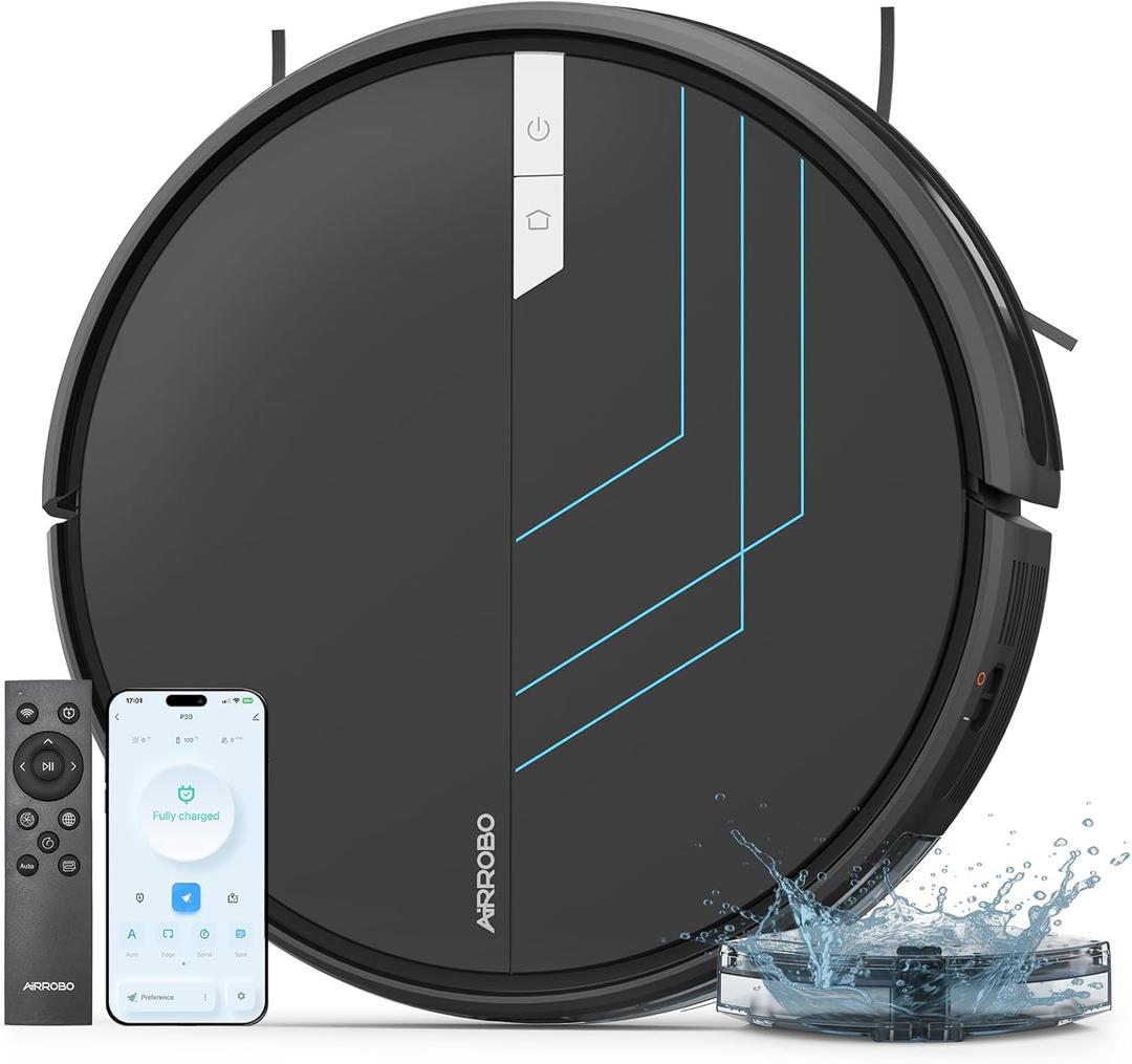 AIRROBO Robot Vacuum and Mop, 3000Pa Strong Suction Power Vacuum Mop Robot, Wi-Fi/App/Alexa, Self-Charging Robotic Vacuum for Hard Floor, Pet Hair and Low-Piled Carpet, Slim Design, QuietP30