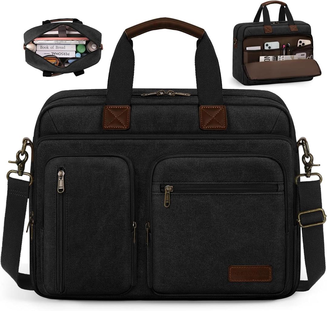 Mens Laptop Messenger Bag Canvas Briefcase Waterproof Vintage Computer Bag Shoulder Bag Satchel Bags for Work College Travel (15.6 inch, Black)