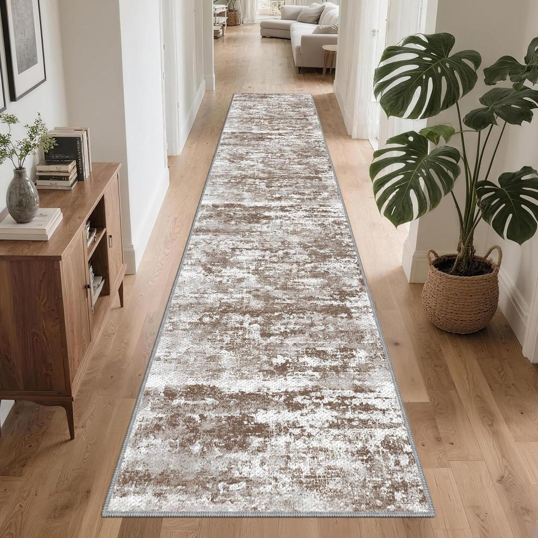 Runners for Hallways Ultra Non-Slip 2x10 Long Runner Rugs Washable Abstract Tear and Stain Resistance No Pile Lightweight Modern Rug Runners for Entryway, Kitchen, Walkway, Entrance, Brown
