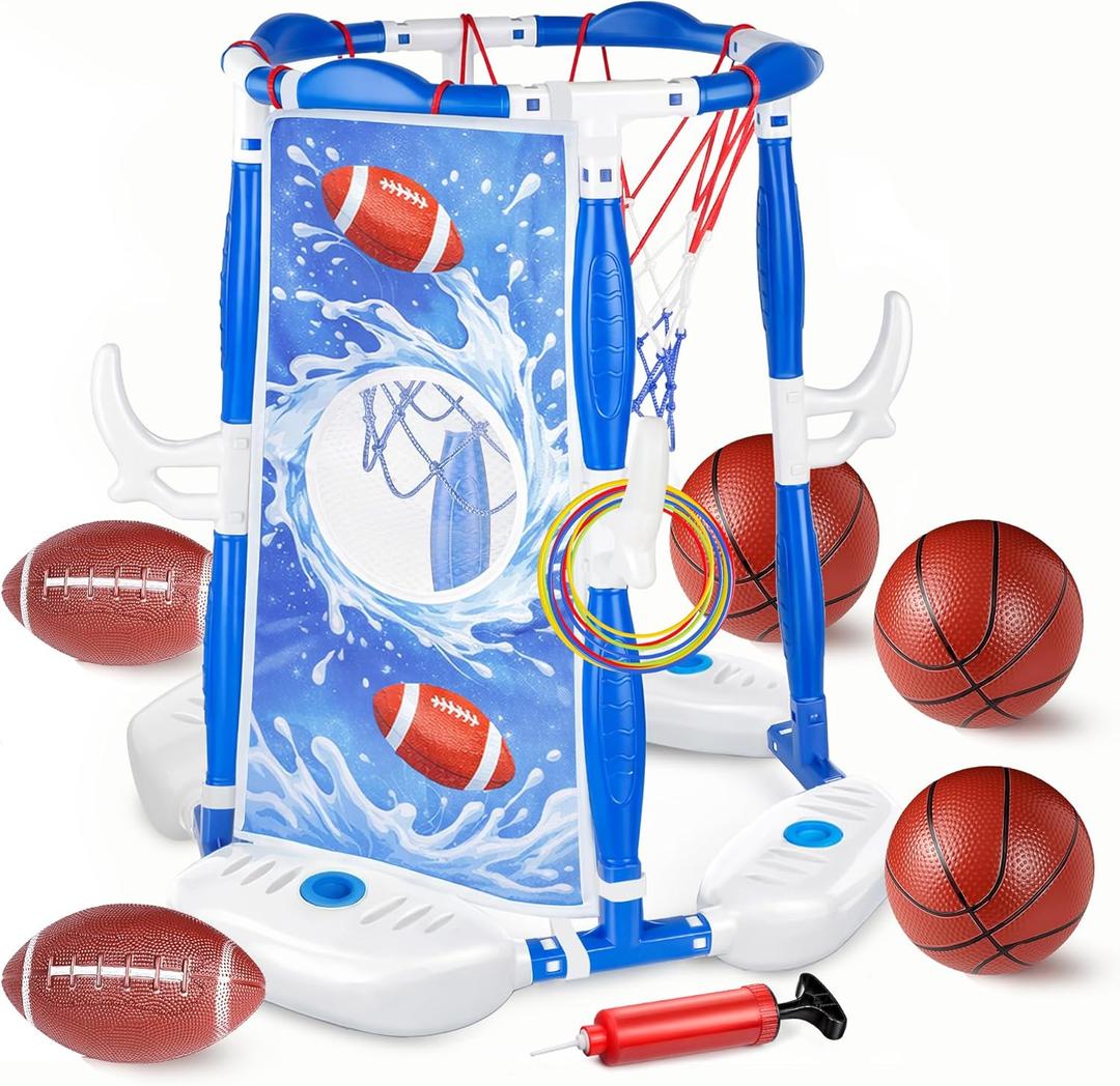 PJG Pool Basketball Hoop, 3-in-1 Floating Poolside Basketball Ring Game Football for Kids Ages 3-12, Outdoor Summer Swimming Pool Party Water Toy for Family Adults Boys Grils Birthday Gift (Blue)
