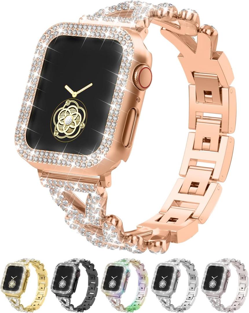 Rhinestones Encrusted Metal Bracelet and Case, Compatible with Apple Watch Bands 38mm-49mm (Series 10/1/SE/Ultra 2)- Bling Gold Women's Jewelry Strap, Luxury iWatch Bracelet with Screen Protector