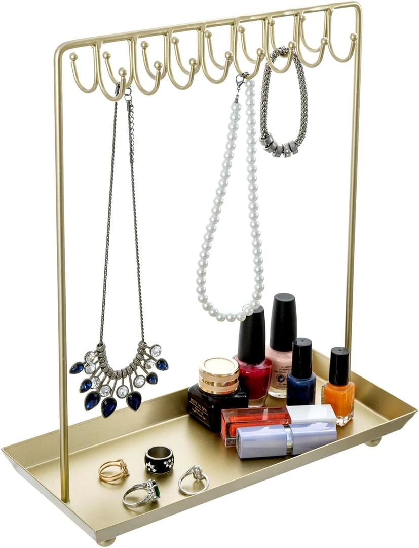 MyGift 14 Inch Brass Metal Jewelry Organizer Stand for Necklaces with 20 Hooks and Ring Tray