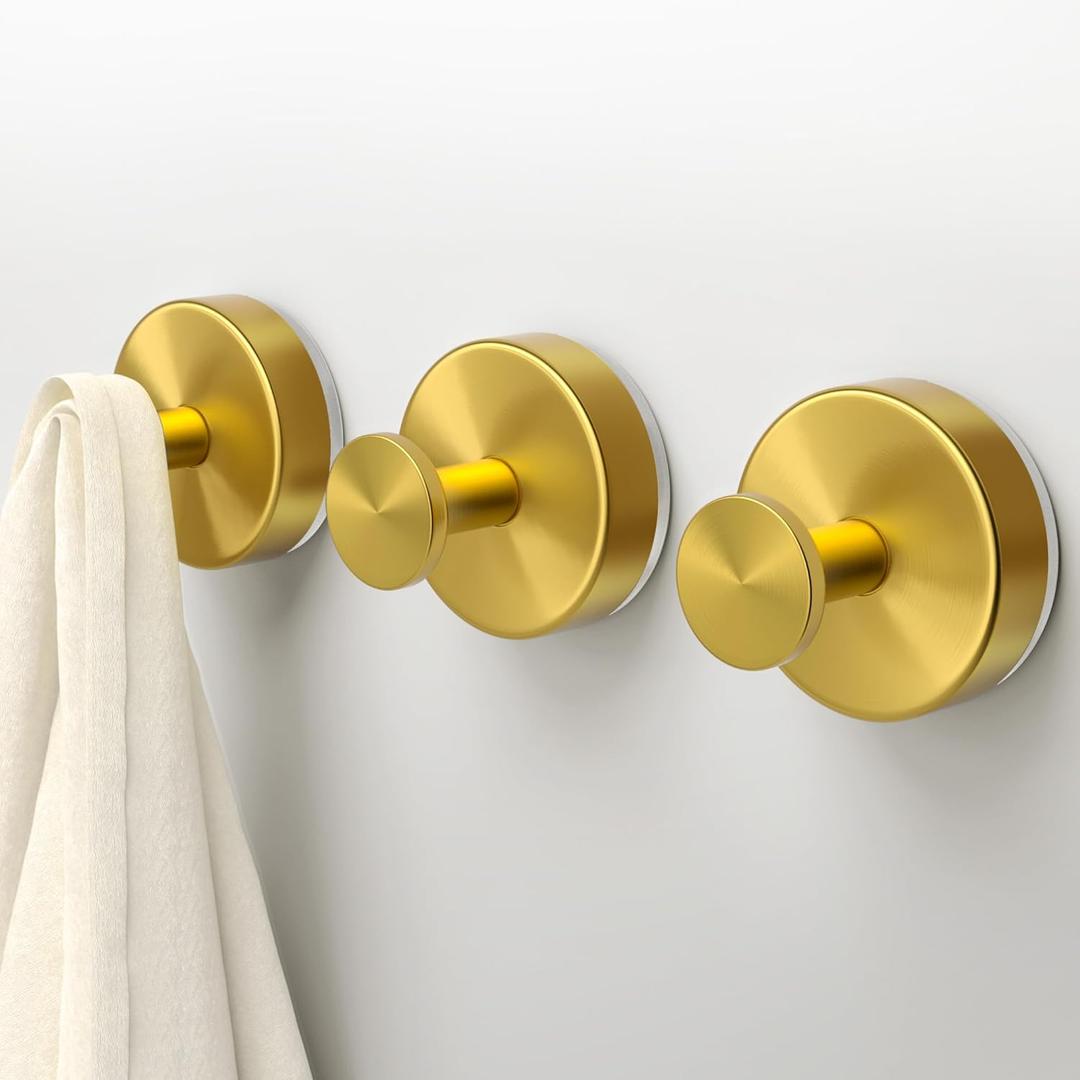 Suction Cup Hooks for Shower,3 PCS No Drill Bathroom Hooks for Towels, Robes,Removable Towel Holder for Bathroom Wall,Kitchen,Glass,Mirror,Hanging up to 15 lbs,Loofah-Gold