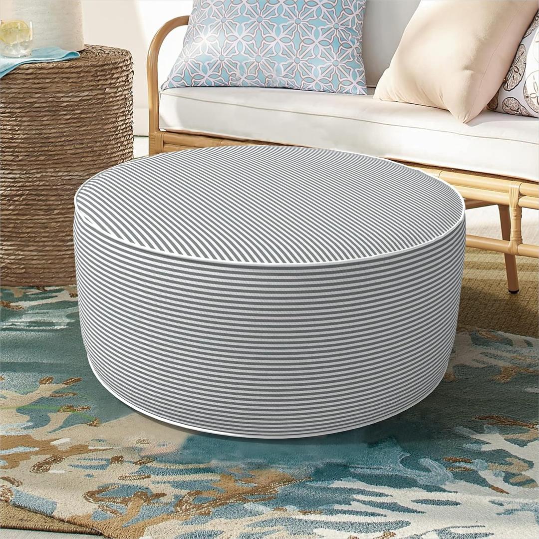 Inflatable Ottoman Stool D21 xH9 for Outdoor/Indoor Use, Water Repellent Patio Foot Rest Stool with Portable Handle,Round Pouf Ottoman Suitable for Garden,Deck and Camping - Stripe Grey