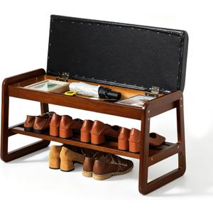 SOBIBO Solid Wood Shoe Rack Bench with Flip-Top Storage, Black, 31.5"
