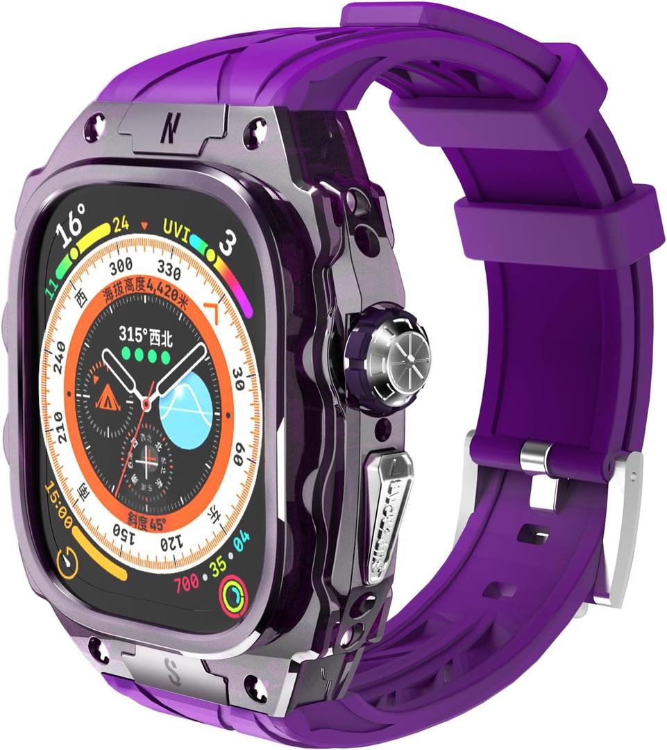 Luxury Translucent Smartwatch Case for Apple Watch Ultra 1/2 49mm, Fully Wrapped Lightweight Rugged Case with Band, Silicone Strap, Stainless Steel Buttons, Protective Cover for Men/Women (Purple) (Dark Purple Night)
