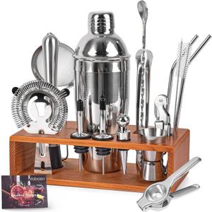 Vabaso 20-Piece Bartender Kit with Stand, Cocktail Shaker Set for Home Bar, 25oz Professional Stainless Steel Bar Tool Set with Cocktail Recipes Booklet, Christmas White Elephant Gifts for Adults Men (23Pcs-Silver)