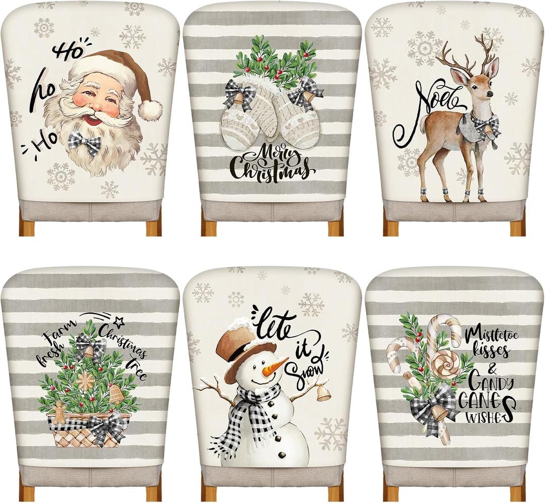 Moukeren 6 Pcs Christmas Chair Cover Set Stretch Dining Chair Back Covers Vintage Christmas Santa Claus Elk Slipcovers Farmhouse Removable Elastic Seat Protector for Xmas Party Kitchen Home Decor