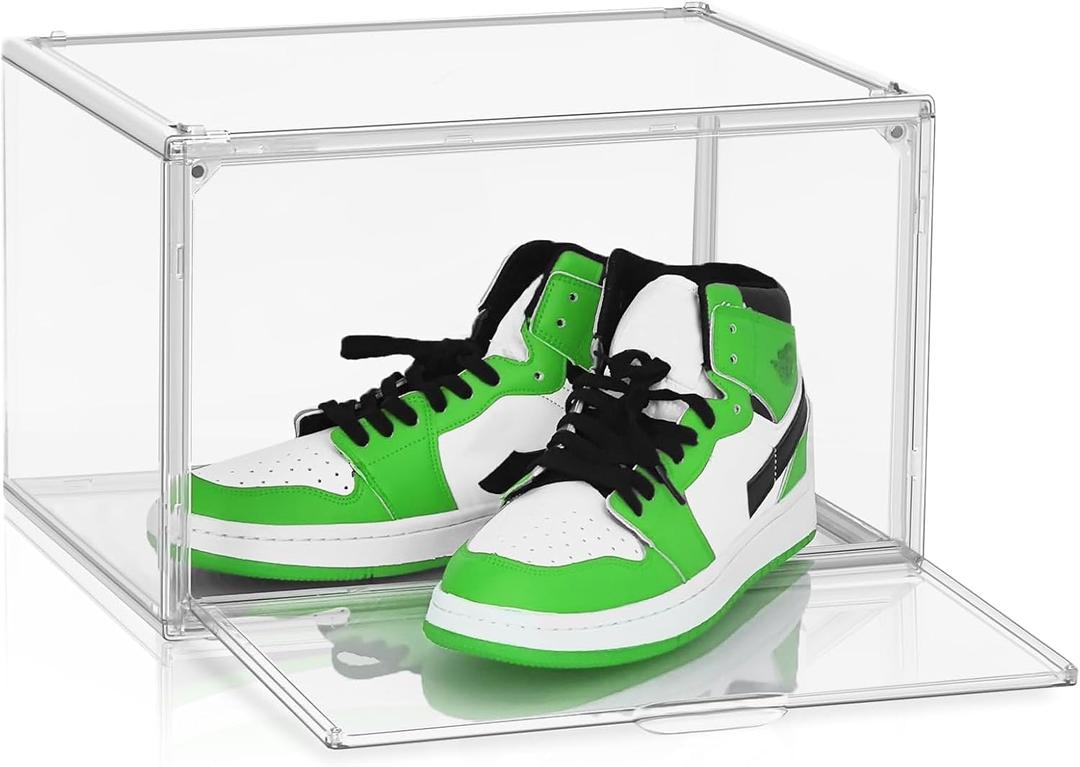 5 Pack Acrylic Shoe Box Size 14, Clear Plastic Stackable Sneaker Shoe Display Case Transparent Storage Bins Handbag Organizer Containers with Magnetic Lids, Figures Collectibles Showcase