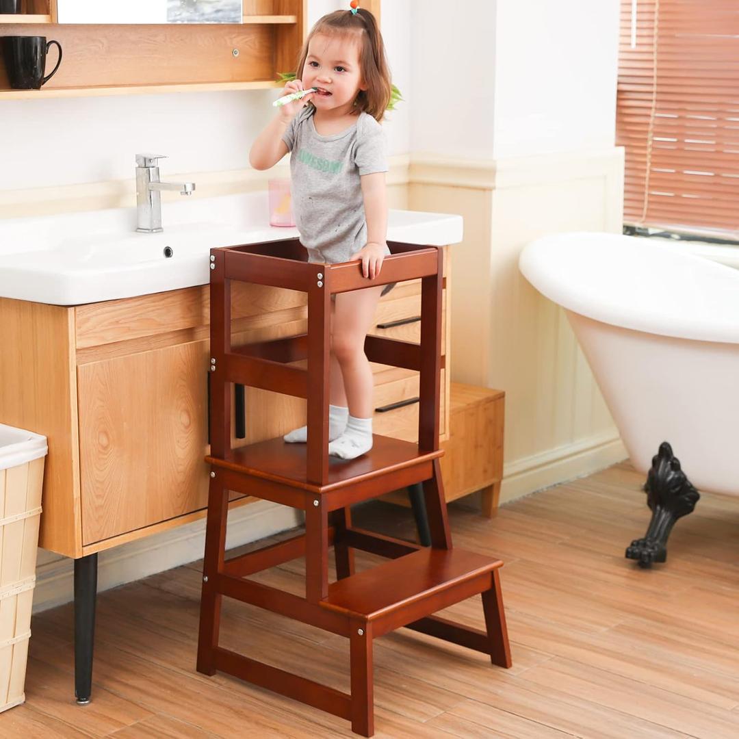 Kids Kitchen Step Stool for Kids with Safety Rail,Solid Wood Construction Toddler Learning Stool, Montessori Toddlers Kitchen Stool Tower (Walnut)