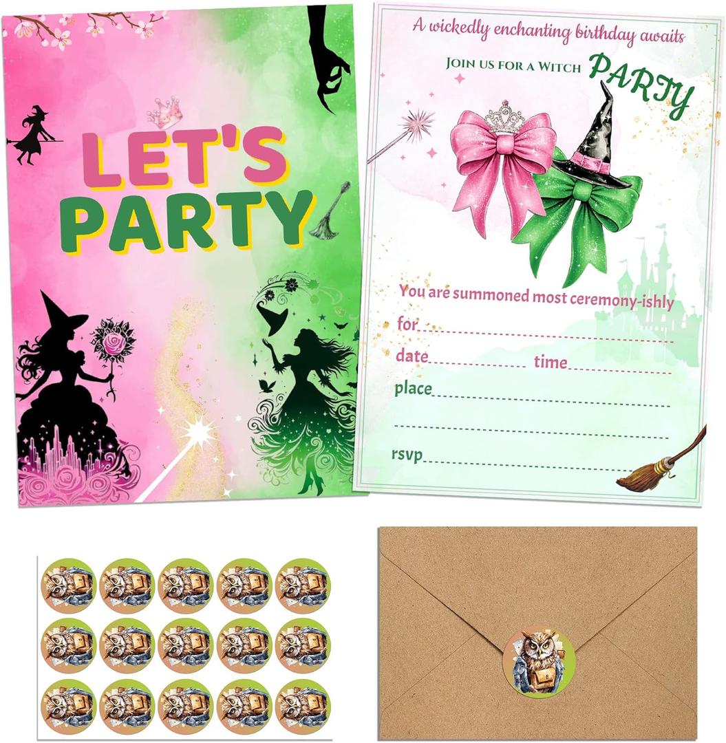 15 Set Witch Themed Birthday Party Invitations, Pink Green Birthday Party Invitation with Envelopes and Stickers, Musical Movie Fan Birthday Cards for Wizard Movie Decor