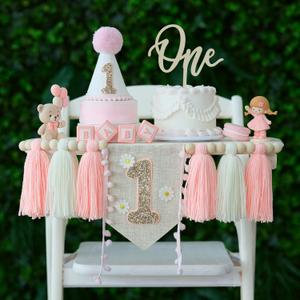 DCJHFJ 1st Birthday Decorations Girl Boho Daisy Pink High Chair Banner with One Cake Topper 1st Birthday Hat for One Year Old Photoshoot Props