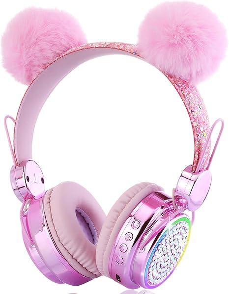 KORABA Kids Bluetooth Headphones with Microphone for School, LED Light Up Wireless Girls Headphones for Study/Tablet/Airplane/Online Learning (Pink)