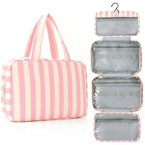 Apxouans Toiletry Bag for Women Travel Water-resistant Cosmetic Bag Fashion Stripes Makeup Bag with Hanging Hook Preppy for Store Toiletries Cosmetic Accessories Medium Pink