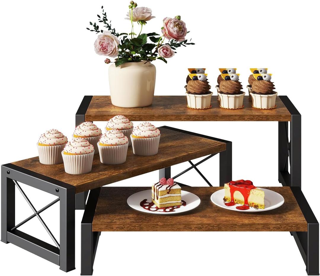 IBUYKE Cupcake Display Stand, Set of 3,Large Wood Risers Display Stands,Dessert Stand for Party,Tiered Serving Stand for Decor, Doll,Food,Perfume,Rustic Brown UTLJ019H