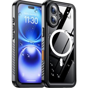 Temdan Compatible with iPhone 16 Case Waterproof, Compatible with MagSafe Built-in Screen & Camera Protector IP68 Underwater Full Body 16FT Military Dropproof Shockproof Phone Case 6.1"-Black