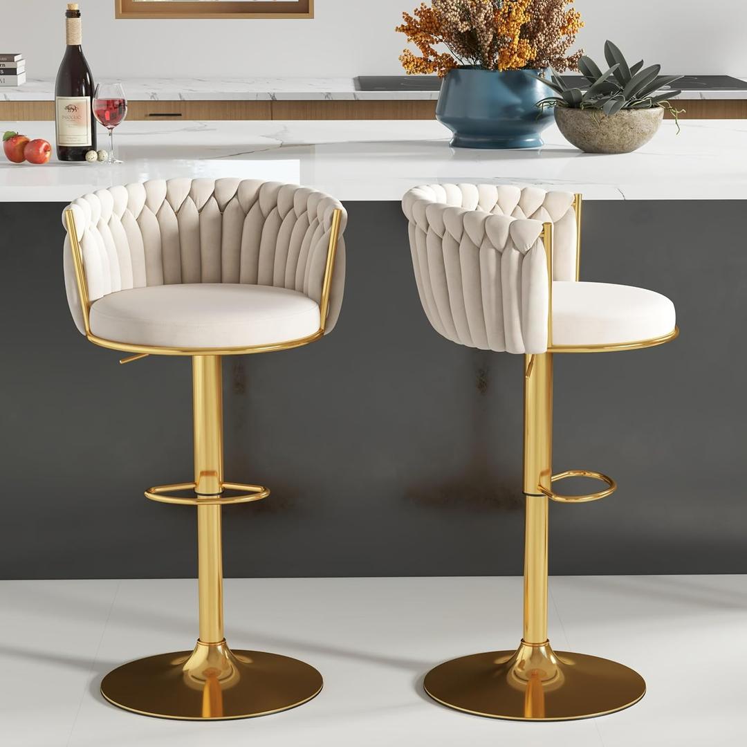 ABET Beige Gold Bar Stool Set of 2, Adjustable Height with Woven Backrest
Luxury Velvet Upholstery, Swivel Counter Chairs with Footrest for Comfort, Suitable for Kitchen Island, Home Bar or Cafe