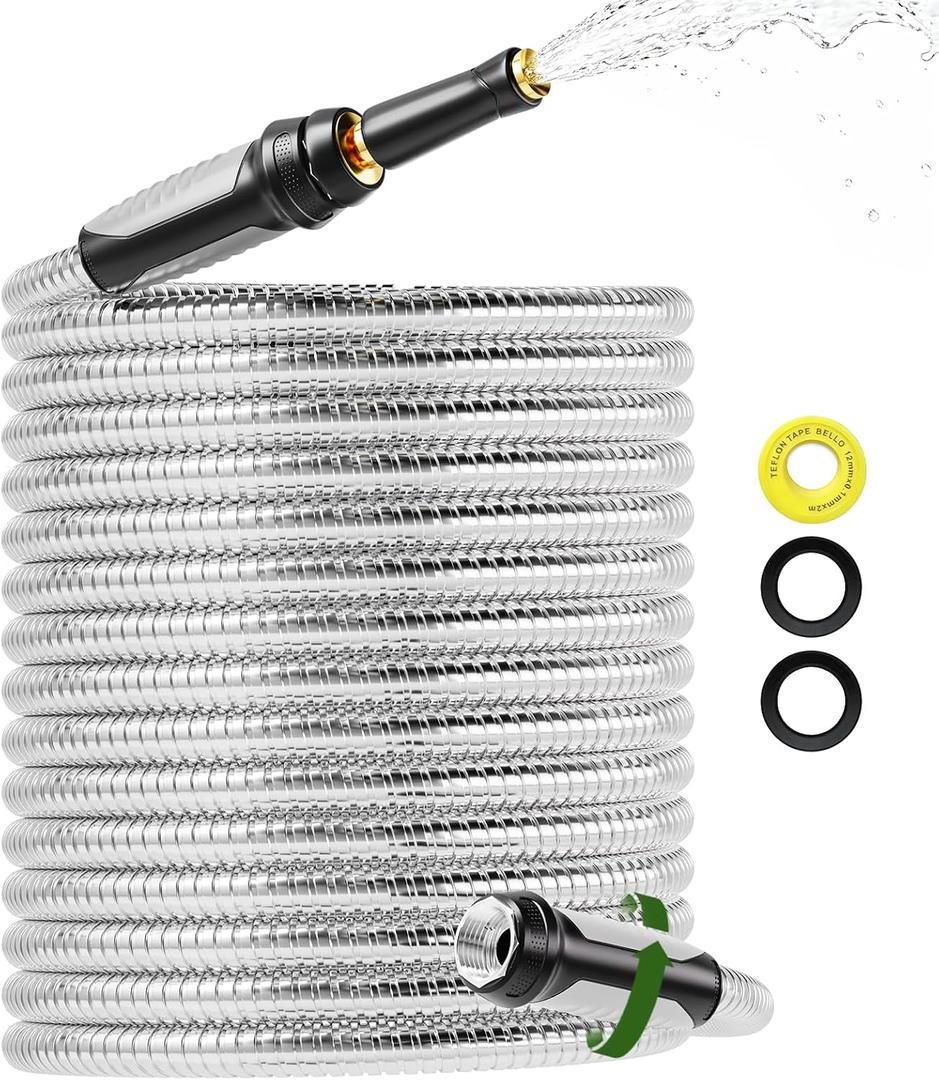 SPECILITE 304 Stainless Steel Garden Hose 100ft, No Kink with Swivel Handle, Lightweight Metal Water Hose with Brass Adjustable Nozzle for Yard Watering, Car Washing, Lawn Care