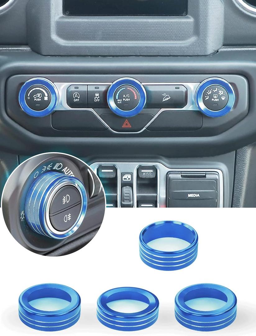Savadicar HVAC Climate Control Panel Knob Trim Kits & Light Control Switch Cover, Air Conditioner Knob Aluminum Alloy Ring for 2018-2024 Jeep Wrangler JL JLU & Gladiator JT, Interior Accessories, Blue (large-0.59'')