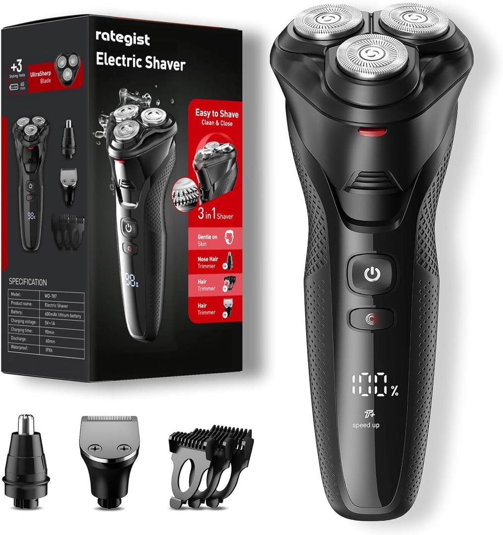 rategist 3-in-1 Electric Razor for Men: IPX7 Waterproof Razors for Men - USB-C Rechargeable, Precision Floating Blades - Wet Dry Shaving, Travel Kit, Beard, Nose & Sideburns