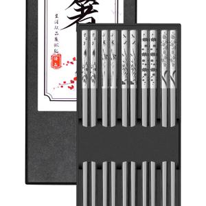 Metal Chopsticks Reusable 5 Pairs 18/8 Stainless Steel Chopstick Beautiful Engraving Patterns Dishwasher Safe Non-Slip Japanese Korean Chop Sticks Present Set