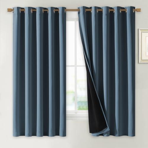 NICETOWN 100% Blackout Lined Curtains, Smoky Blue, 1 Pair, 70" Width x 63" Length Each Panel, 2 Thick Layers Completely Blackout Window Treatment Thermal Insulated Drapes for Kitchen/Bedroom