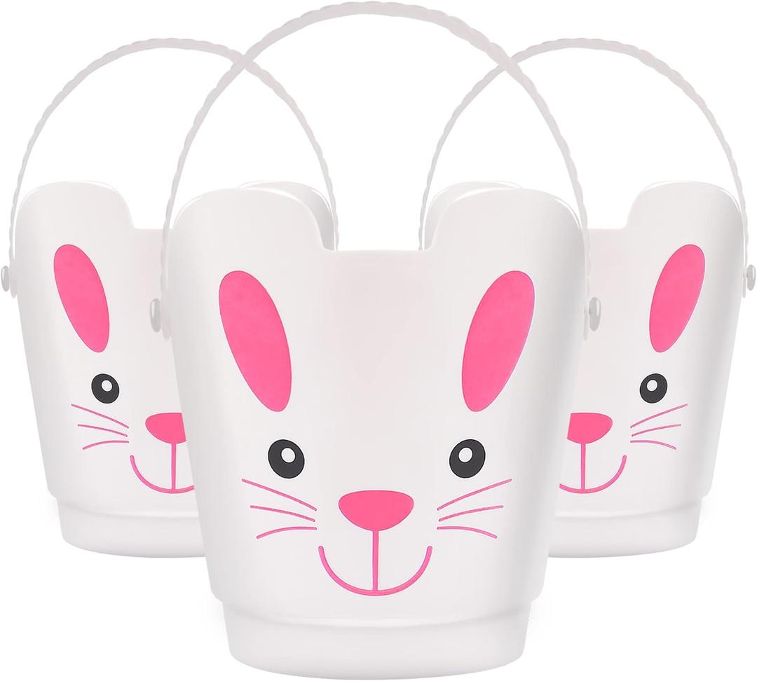 Zcaukya Easter Buckets, Set of 3 Plastic Easter Bunny Baskets with Handles, Empty Plastic Easter Pails for Kids Easter Egg Hunt Party Favors