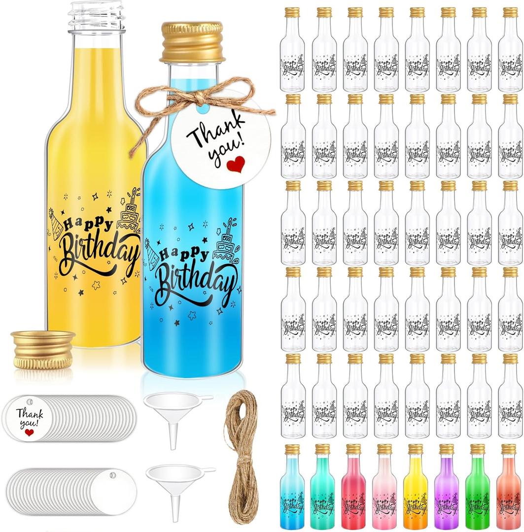 OurWarm 50 Pack Happy Birthday Mini Liquor Bottles, 1.7oz/50ml Empty Plastic Shot Bottles with Gold Screw Caps Funnels Tags & Twines for Juice Wine Alcohol Juicing Ginger Shots Birthday Party Favors