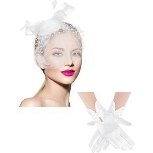 Geyoga 50s Fascinator Hat for Women Funeral Veil Hat Pillbox Cocktail Tea Party Headpiece and Lace Glove (White)