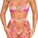 Kaei&Shi Floral Embroidered Garter Belt Set,Sheer Lingerie Sets for Women Sexy,Wedding Night Valentines Boudoir Outfits (4-6, Hot Pink)