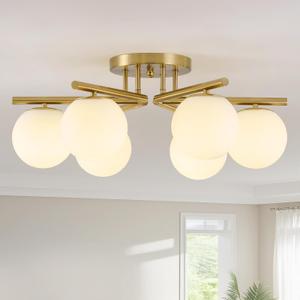 6 Lights Sputnik Ceiling Light Fixture,Semi Flush Mount Ceiling Light Sputnik with Milk Glass Globe, Brushed Brass Chandelier for Living Room, 25.98‘’ Large Mid Century Modern Fixture, 6-Gold Lights