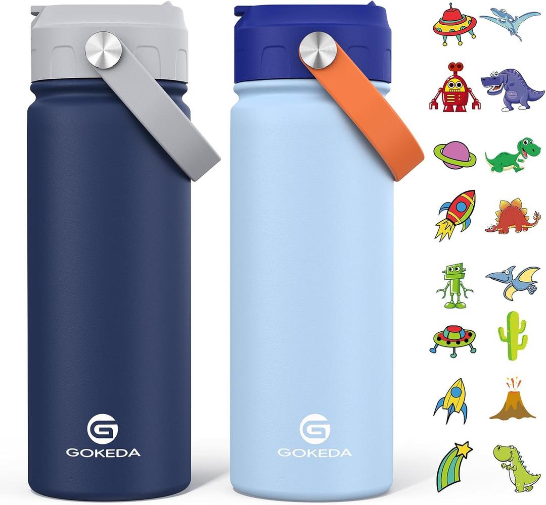 GoKEDA 18oz Kids Water Bottle, 2 Pack Insulated Bottles with Stickers, 18/8 Stainless Steel Vacuum Leak Proof Straw Cup for School, Gifts for Boys(Light Blue, Dark Blue) GoKEDA 18oz Kids Water Bottle, 2 Pack Insulated Bottles with Stickers, 18/8 Stainless Steel Vacuum Leak Proof Straw Cup for School, Gifts for Boys(Light Blue, Dark Blue)