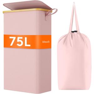 Lifewit 75L Slim Laundry Hamper with Lid, Narrow Laundry Basket with Removable Bag & Bamboo Handles, Fodable Thin Dirty Clothes Hamper for Laundry Collapsible Bin for Bathroom Bedroom Dorm, Pink