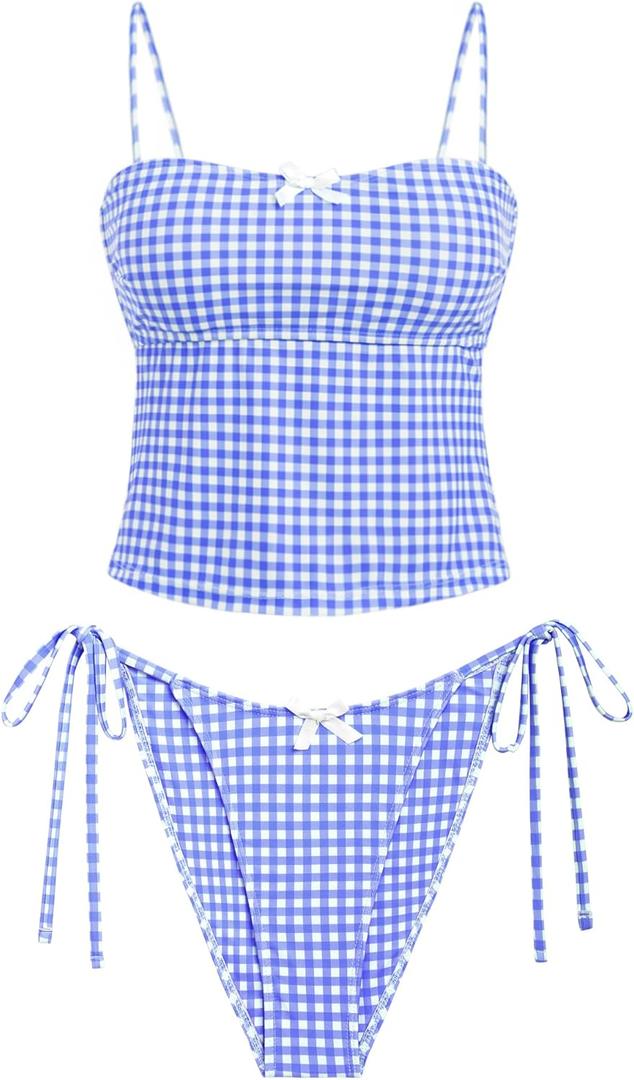 seamoly Womens Tankini Sets Sexy Open Back High Cut Cheeky Bikini Two Piece Swimsuit 2 Piece Bathing Suits Sky Blue Gingham S (S)