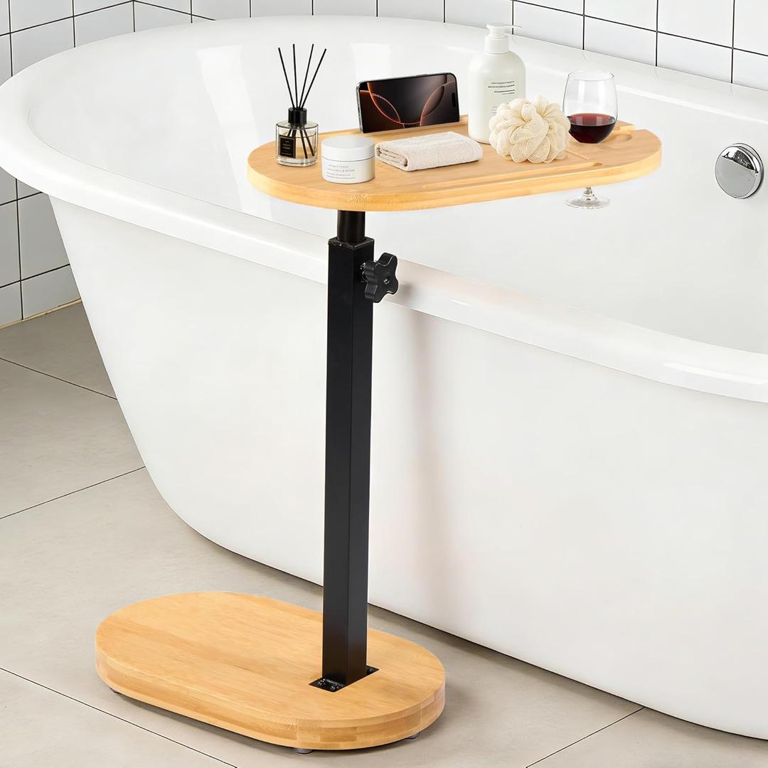 Bamboo Bathtub Side Table, 360 Swivel Height Adjustable Freestanding Bath Caddy Tray Organizer with 5 Storage, Luxury Home Spa Bathroom Essential (Natural)