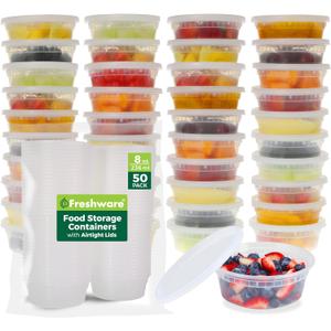 Freshware Food Storage Containers [50 Set] 8 oz Plastic Deli Containers with Lids, Slime, Soup, Meal Prep Containers | BPA Free | Stackable | Leakproof | Microwave/Dishwasher/Freezer Safe