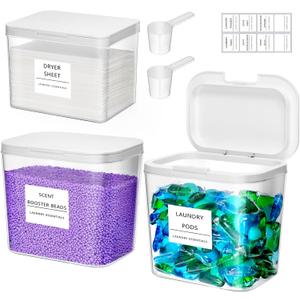 Lifewit 2+1 Laundry Pods Container&Dryer Sheet Holder,Large Plastic Washing Powder Detergent Dispenser, Laundry Room Organization Storage for Scent Booster Bead with Pop-up Lids,Labels and Scoop (0.5+0.72 Gal)
