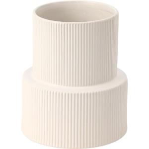 White Ceramic Flower Vase, Large Decorative Boho Modern Ribbed Pampas Grass Vase for Living Room, Office, Mantel, Shelf, Dining Table, 7.5 Inches