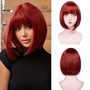 T-color Red Bob Wigs for White Women - 12'' Short Bob Wigs With Bangs Natural Fashion Synthetic Wig Colorful Synthetic Hair for Daily Cosplay Halloween