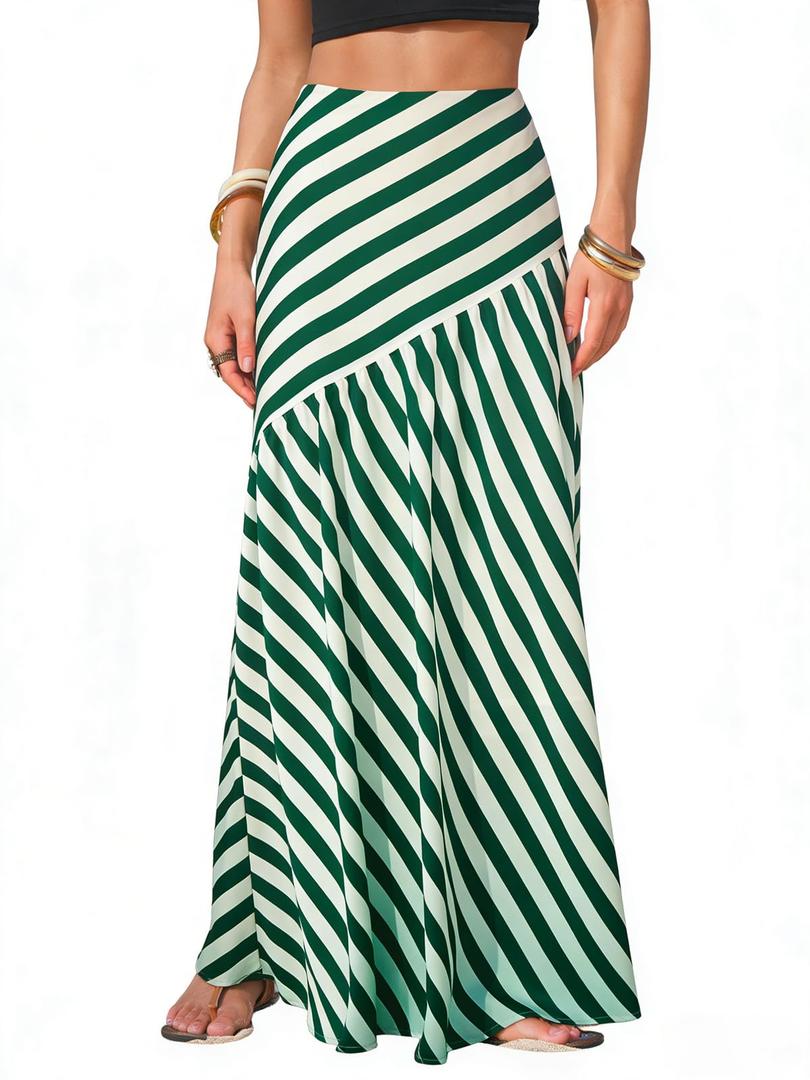 EXLURA Women's Boho Striped Maxi Skirt High Waisted A-Line Summer Beach Long Skirts with Lining Casual Flowy Vacation Outfits Green (XL)
