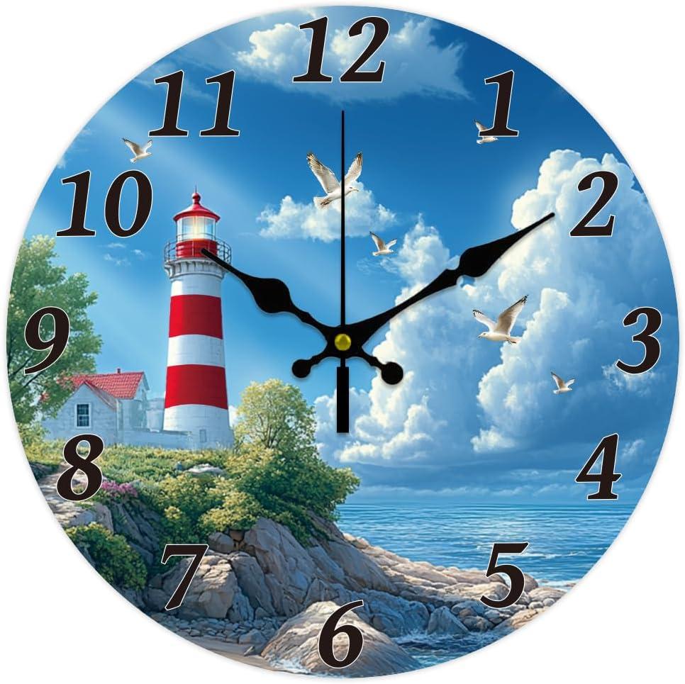 CHGCRAFT Ocean Lighthouse Wall Clock 12 Inch Battery Operated Wall Clock Non Ticking Silent Decorative Clock for Office Bedroom Home Decor